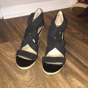 Black strappy wedge heels